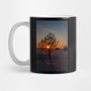 Sunset winter landscape with snow-covered road in violet and pink colors Mug